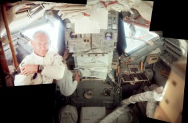 Inside the cramped and tiny Lunar Module. NASA/Hancock.