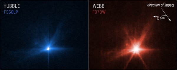 Both the James Webb Space Telescope and Hubble Space Telescope observed the tiny asteroid Dimorphos several hours after NASA's DART spacecraft slammed into it to test the technique of using a kinetic impact to alter the path of an asteroid.