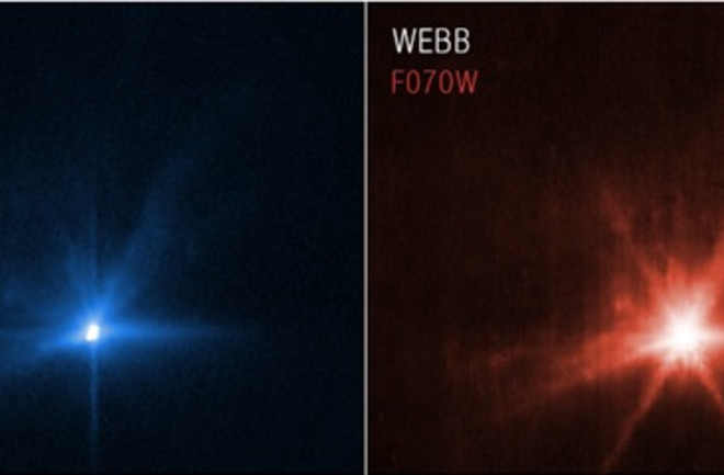 Both the James Webb Space Telescope and Hubble Space Telescope observed the tiny asteroid Dimorphos several hours after NASA's DART spacecraft slammed into it to test the technique of using a kinetic impact to alter the path of an asteroid.