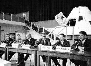 The Apollo 7 prime and backup crews. Left to right: Cernan, Young, Stafford, Cunningham, Eisele, Schirra. NASA.