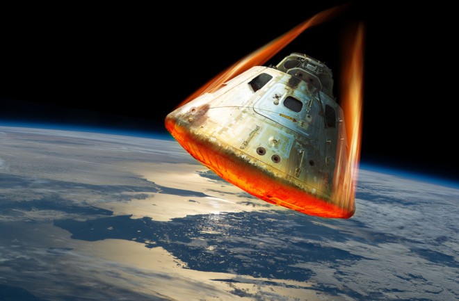 Rendering of a spaceship reentering Earth's atmosphere