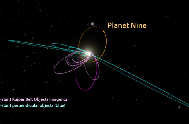 Planet 9 from Outer Space: The peculiar alignment and tilt of the 6 most distant objects in the solar system hint at the presence of an unseen massive planet orbiting far beyond Pluto. (Credit: Caltech/R. Hurt/IPAC)
