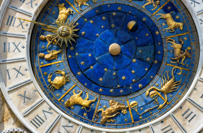 Ancient clock face italy roman numerals and zodiac - shutterstock