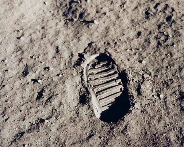 One of Buzz Aldrin’s first bootprints from his Apollo 11 moonwalk on July 20, 1969. (Credit: NASA)