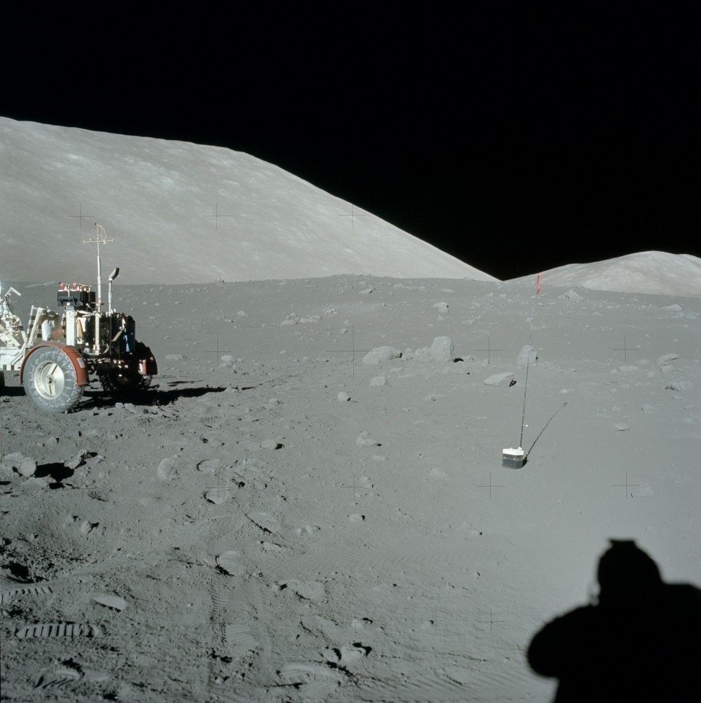 Astronauts setting out the explosive charges for the Apollo 17 lunar seismic profiling experiment in late 1972. NASA