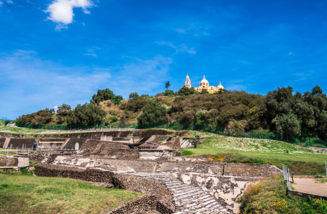 Scenic view of the Great Pyramid of Cholula in Mexico - shutterstock