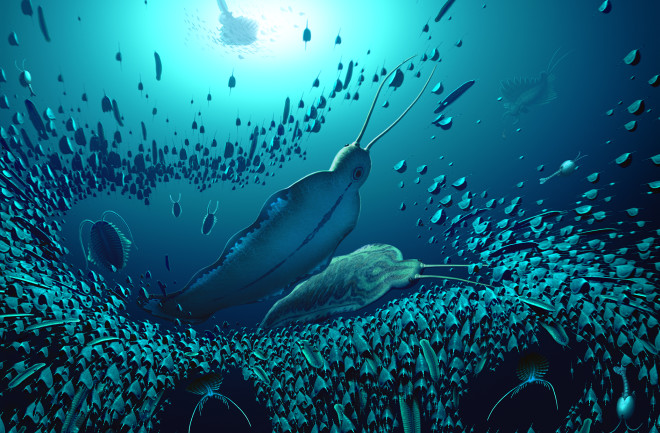 A reconstruction of the pelagic ecosystem and the organisms fossilised in Sirius Passet, revealing how Timorebestia was one of the largest predators in the water column more than 518 million years ago