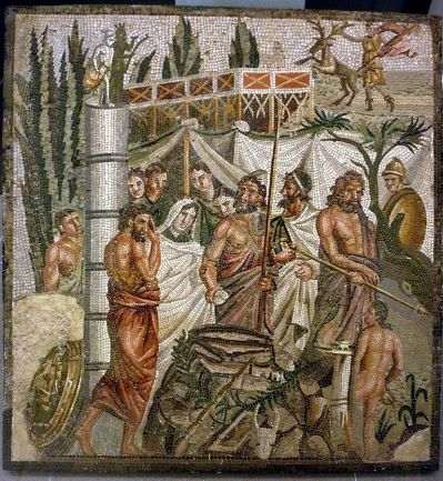The Sacrifice of Iphigeneia, a mythological depiction of a sacrificial procession on a mosaic from Roman Spain. (Credit: Wikimedia Commons)