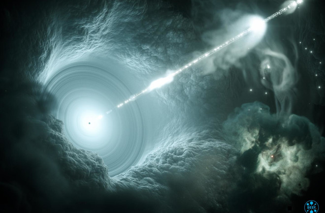 Blazars are active supermassive black holes sucking in immense amounts of material, which form swirling accretion disks and generate high-powered particle jets that churn out particles that astronomers have believed eventually result in neutrinos. (Credit: DESY, Science Communication Lab)