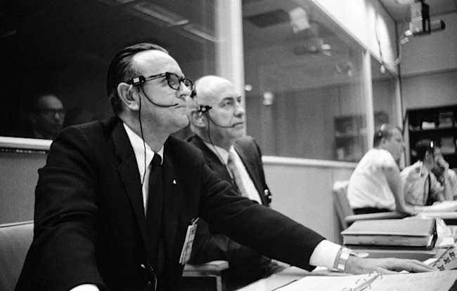 The real Chris Kraft (left) and Bob Gilruth in NASA's Mission Control Center during the Apollo 5 test flight in 1968. (Credit: NASA)