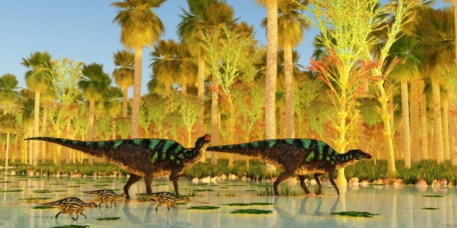 Maiasaura Dinosaurs cross Swamp 