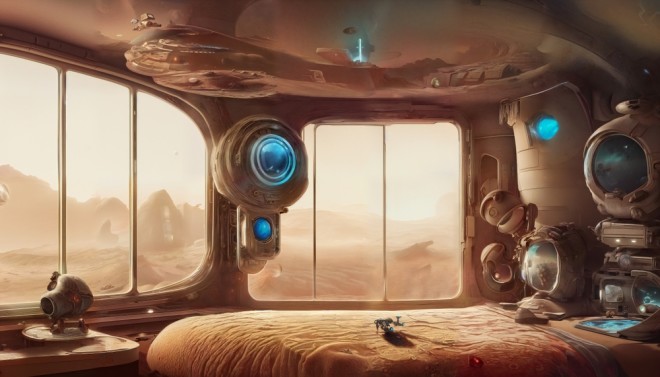 futuristic bedroom on planet Mars, cozy room with round windows looking out to the martian landscape