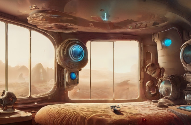 futuristic bedroom on planet Mars, cozy room with round windows looking out to the martian landscape