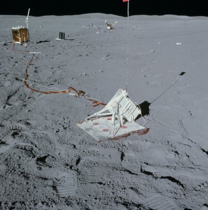 The mortar launcher set up by Apollo 16 astronauts in 1972. The launcher is in the foreground an other experiments can be seen in the background. NASA