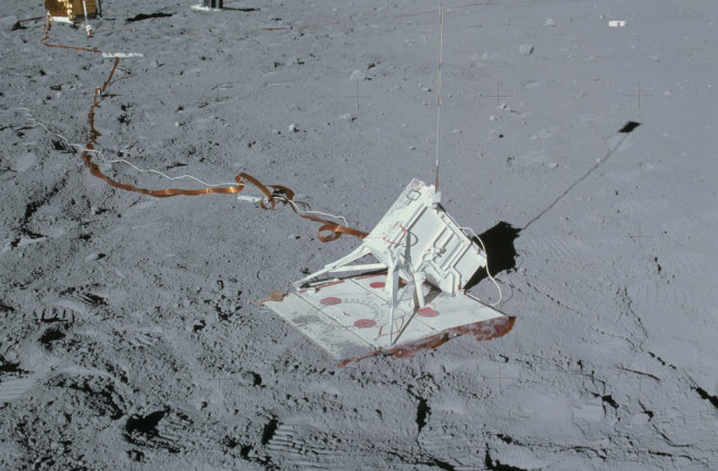 The mortar launcher set up by Apollo 16 astronauts in 1972. The launcher is in the foreground an other experiments can be seen in the background. NASA