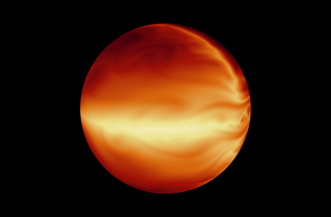 The turbulent atmosphere of a hot, gaseous planet known as HD 80606b is shown in this simulation based on data from NASA's Spitzer Space Telescope. Credits: NASA/JPL-Caltech/MIT/Principia College