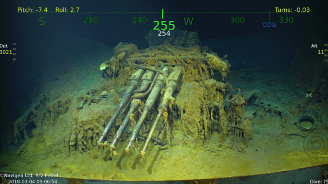 An antiaircraft gun from the wreckage of the USS Lexingon, a U.S. Navy carrier that was sunk during the Battle of Coral Sea in World War II. Credit: Navigea Ltd.