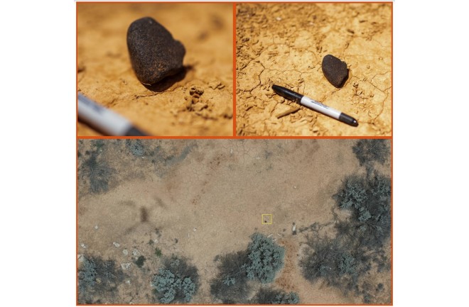 The meteorite next to a 15 cm pen. The yellow box in the drone image represents a 22cm square (Source: arxiv.org/abs/2203.01466)