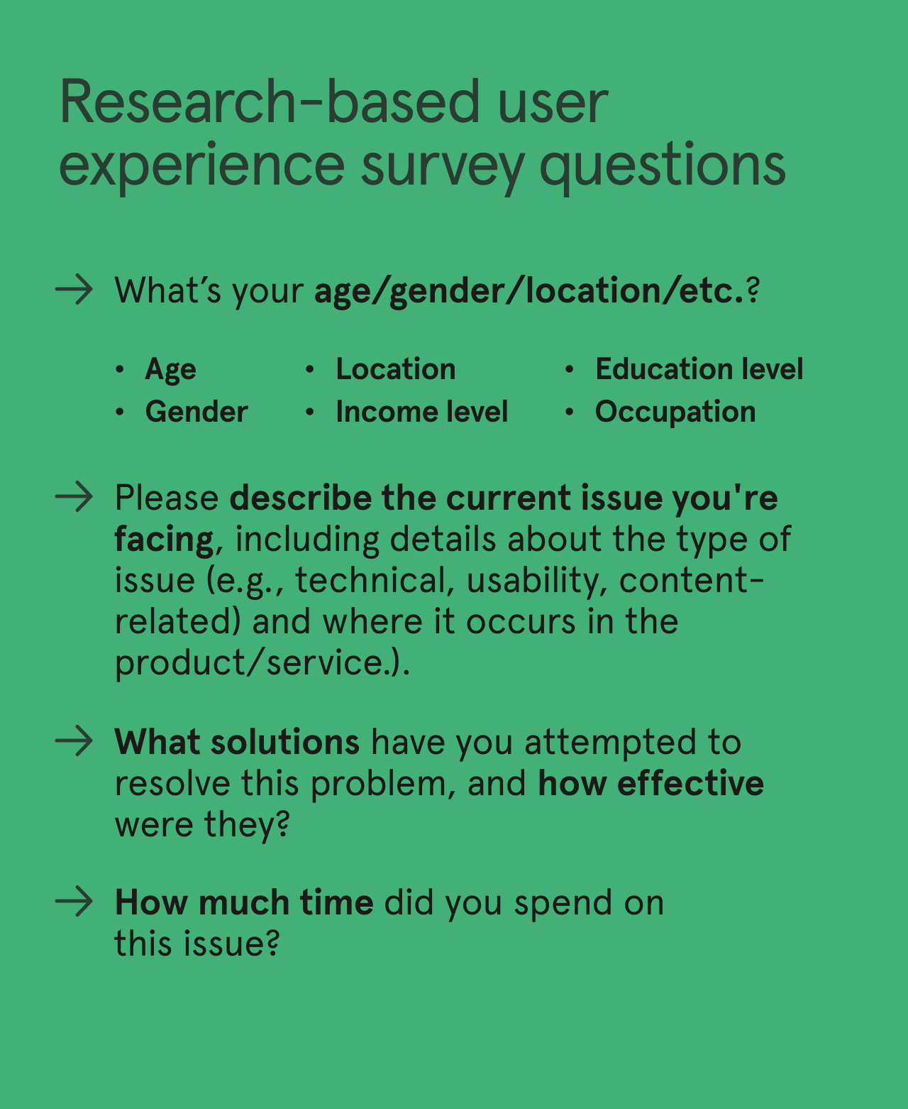 List of research-based user experience survey questions.