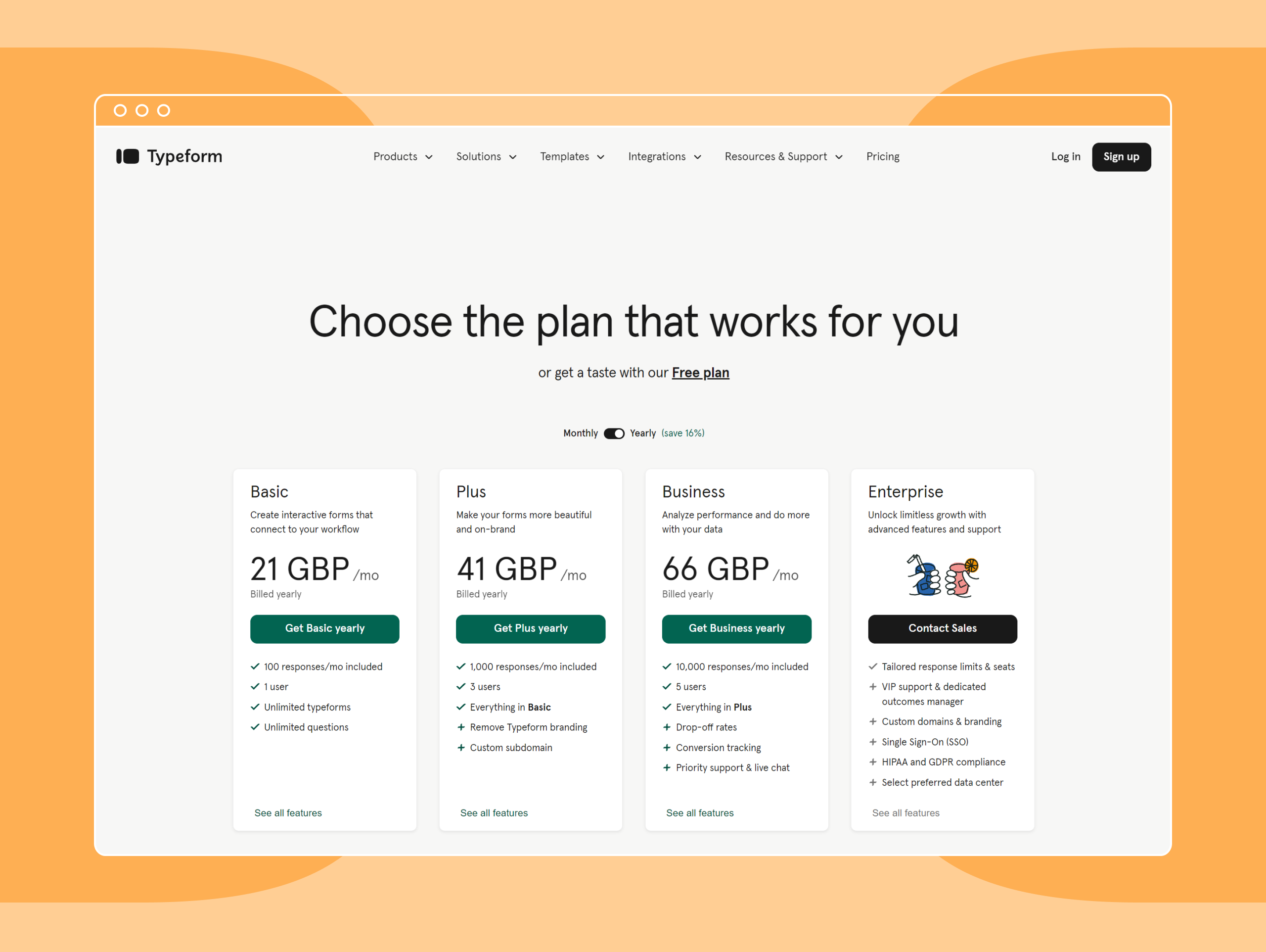 Screenshot of Typeform’s pricing plans.