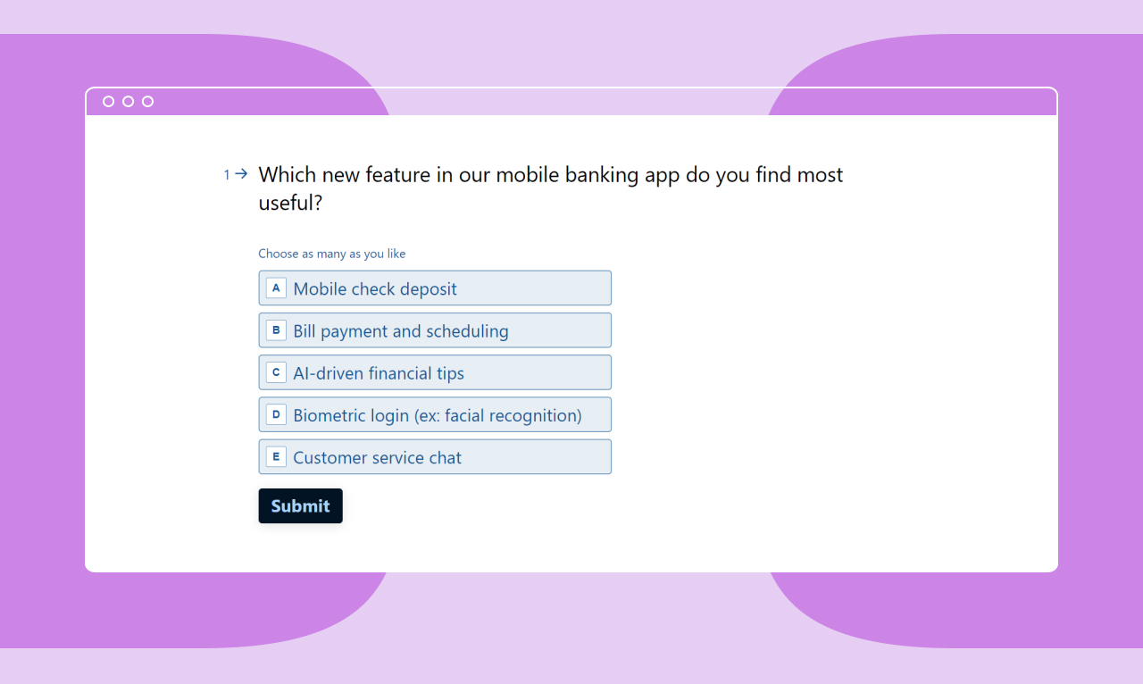 A survey question titled, “Which new feature in our mobile banking app do you find the most useful?”