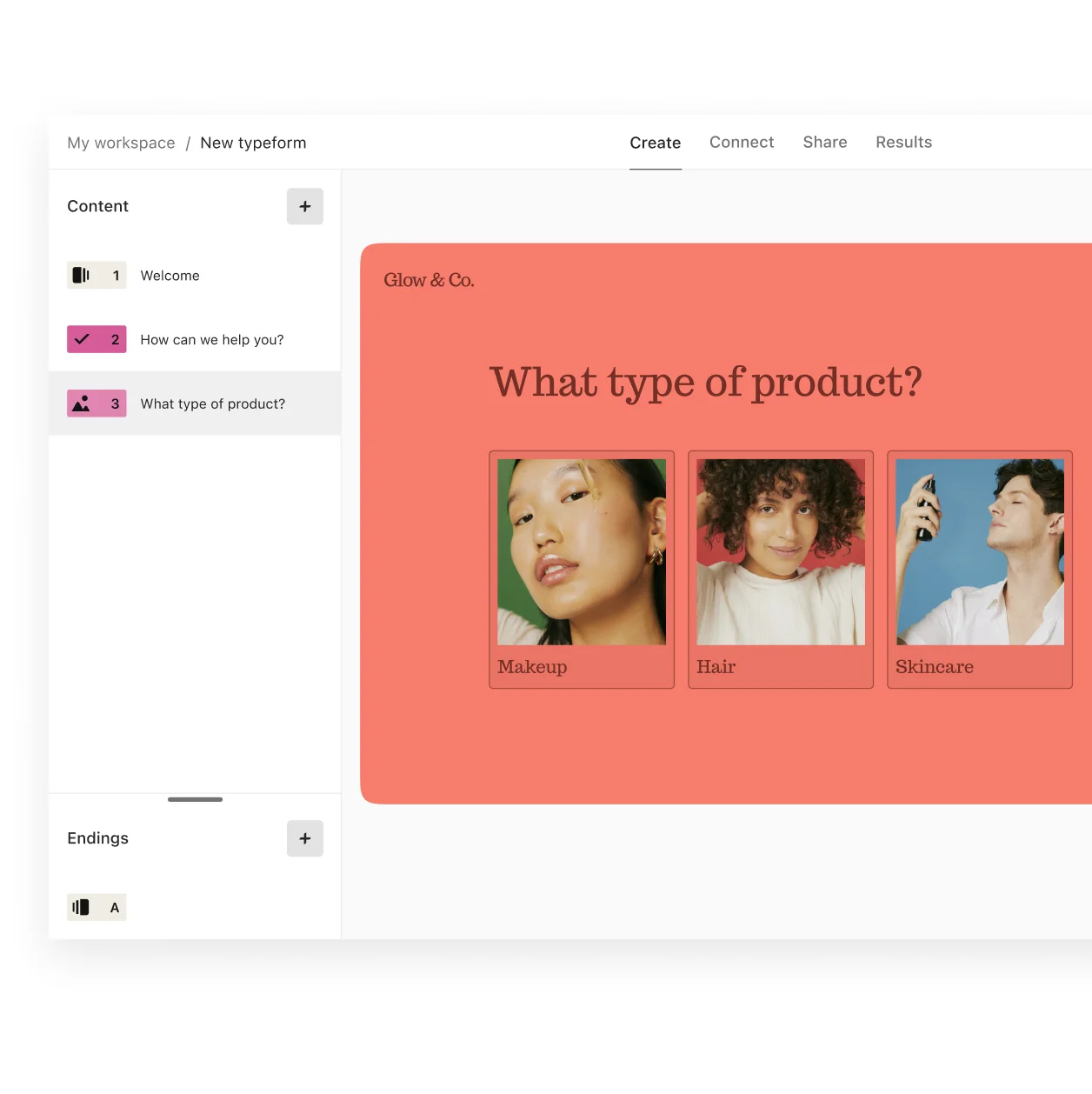 Image showing form creator experience with red background and a question showing "What type of product"