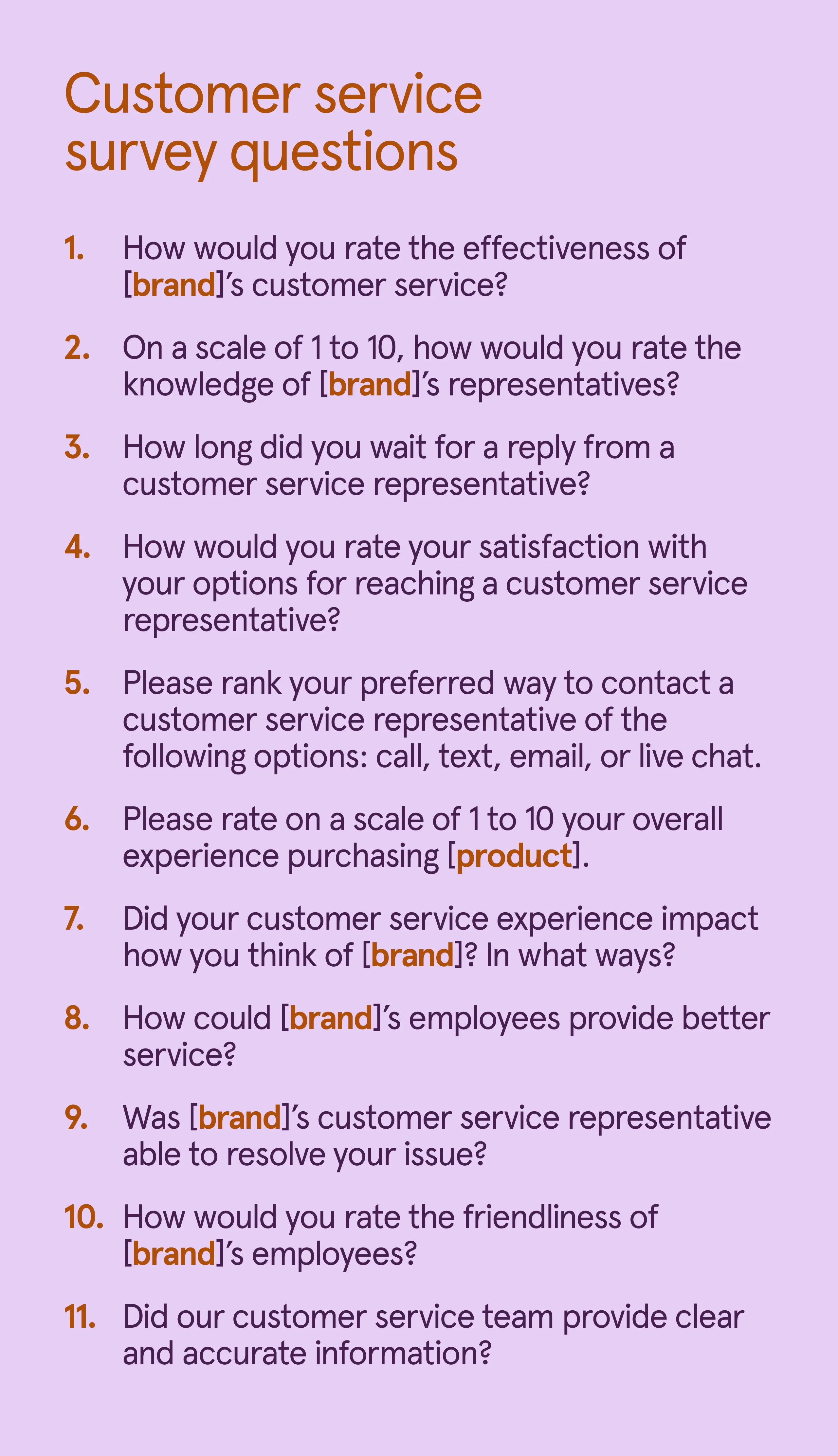 List of 11 customer service survey question examples.