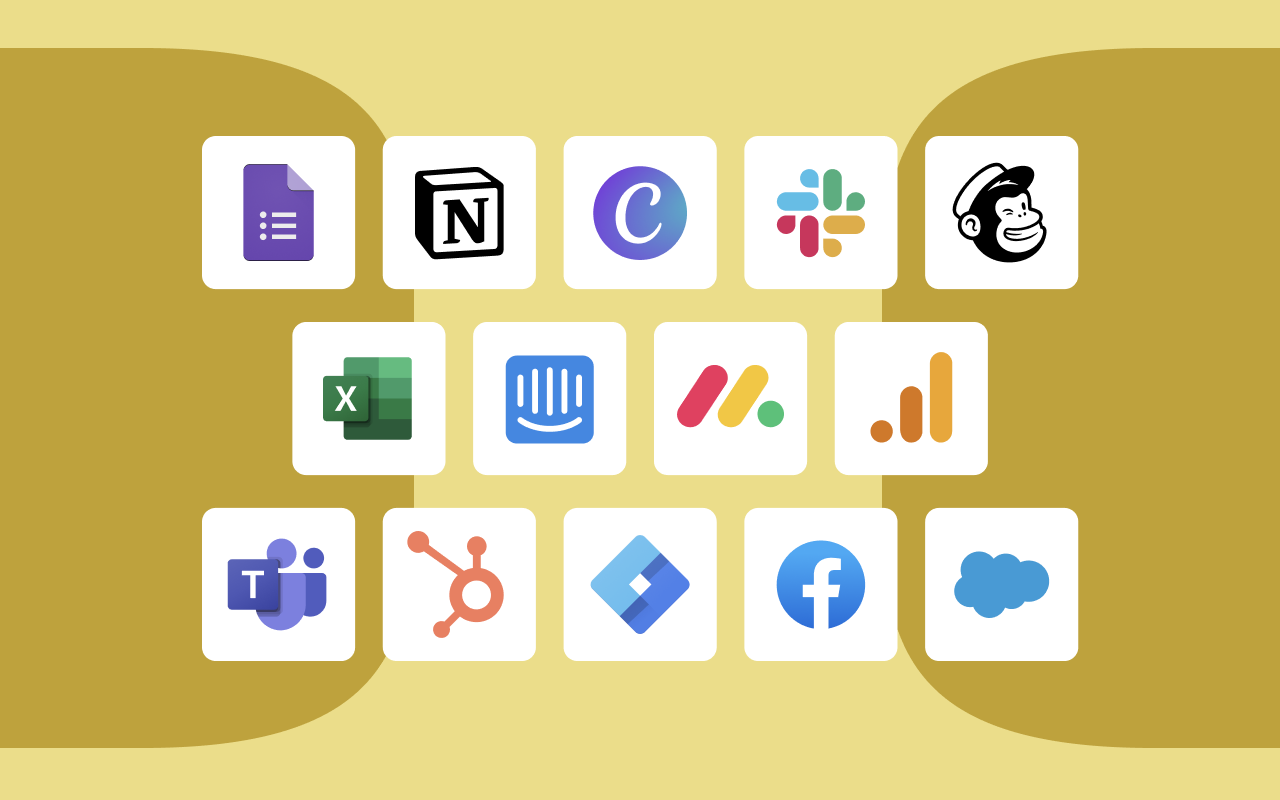 Screenshot of Typeform’s integrations, showing app logos like Slack, Mailchimp, Facebook, and more.