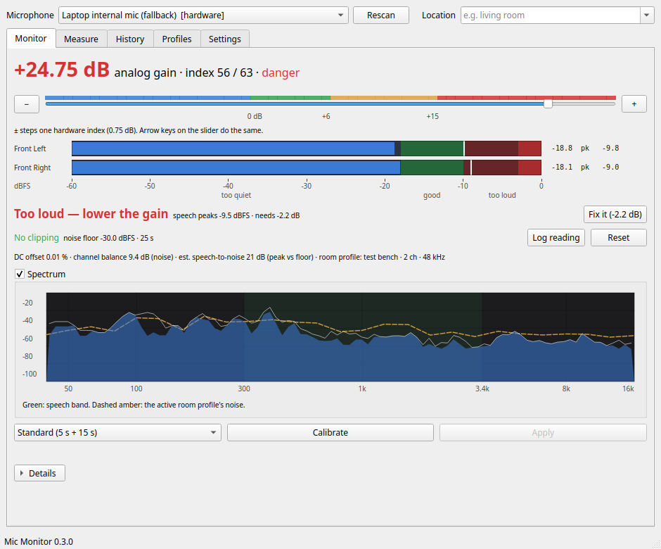 The Linux mic slider lies: Mic Monitor shows the real gain