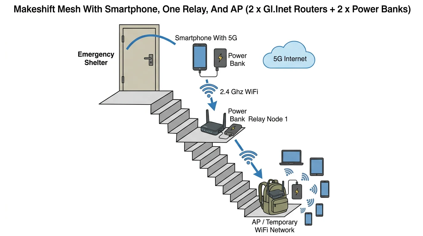 Detailed colored diagram showing mesh setup with labeled devices, power banks, and Wi-Fi coverage in shelter