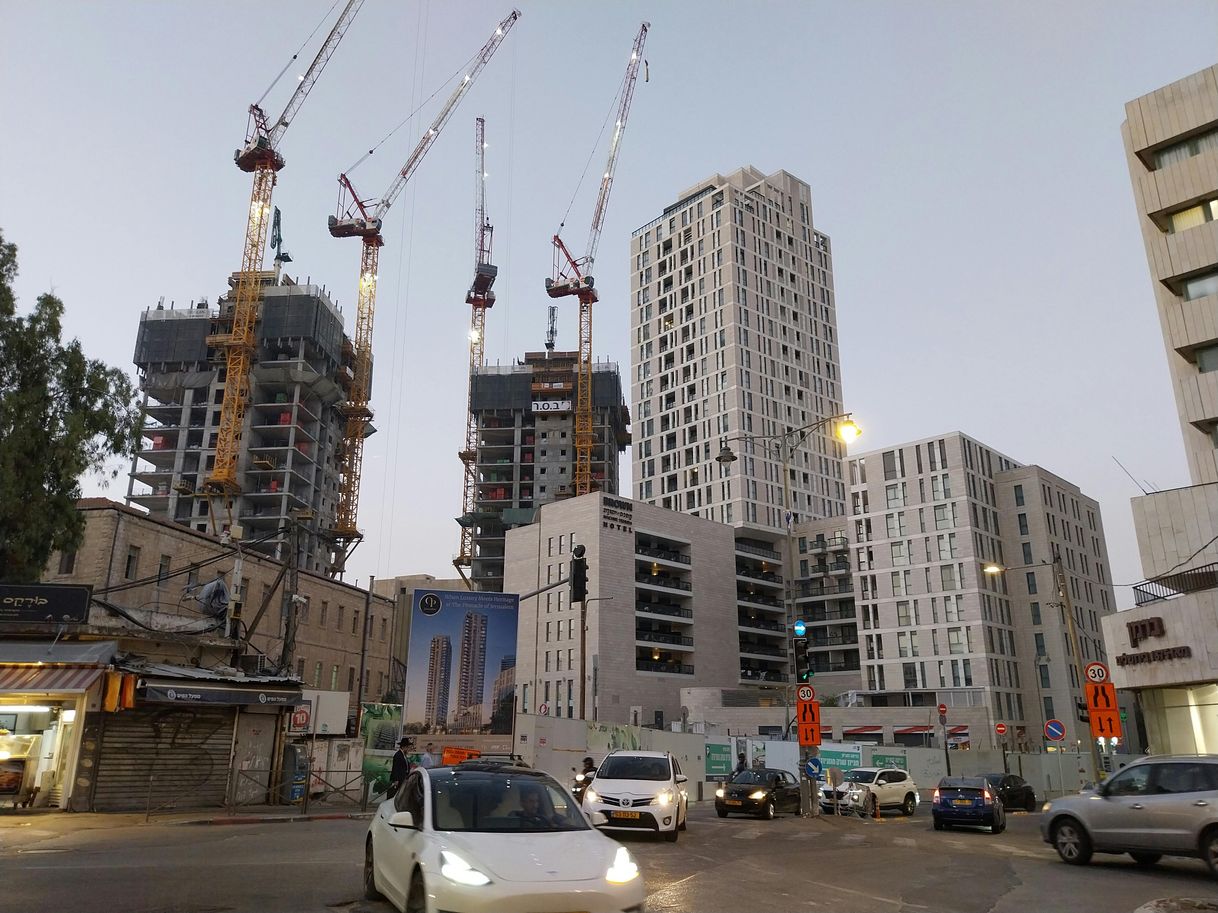 High rises near the Mahane Yehuda market in Jerusalem seen at dusk. Photo: Author.