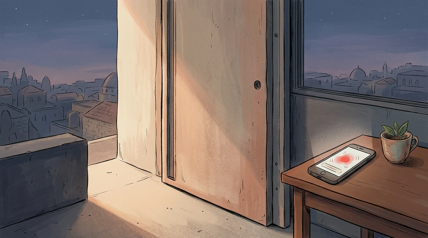 Illustration: mamad door at dusk with smartphone alert