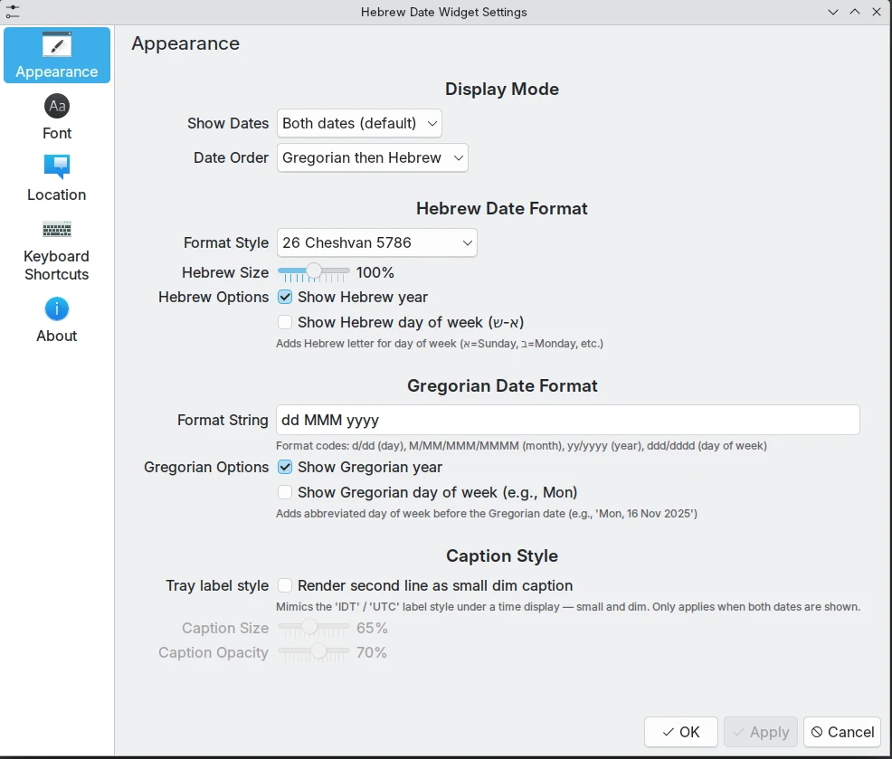 Hebrew Date Widget — appearance settings