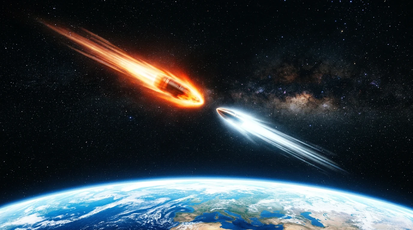 AI-generated illustration of a missile warhead and interceptor converging above Earth - depicting the precision required for missile interception