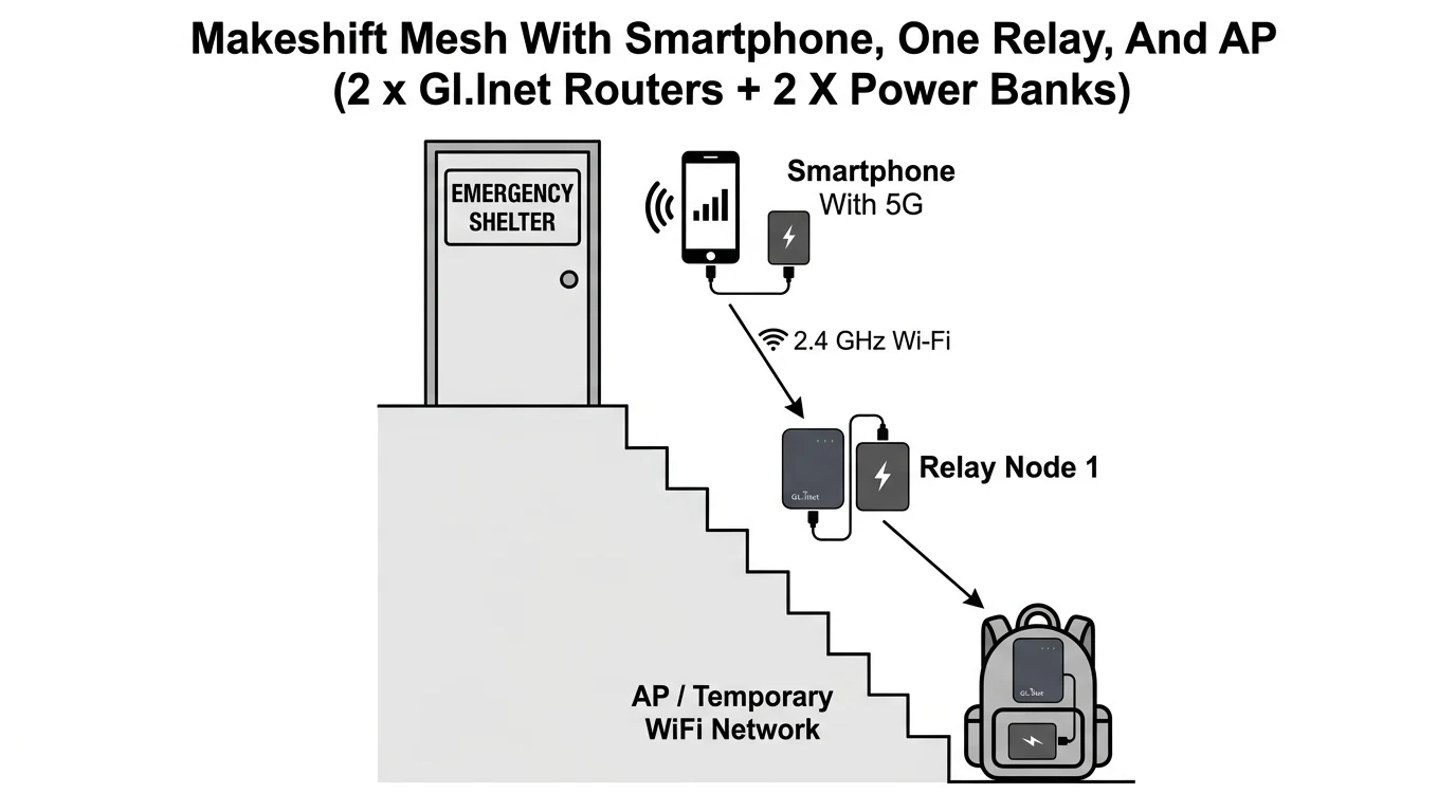 Diagram showing mesh extension with 2 GL.iNet routers and smartphone for extended shelter coverage