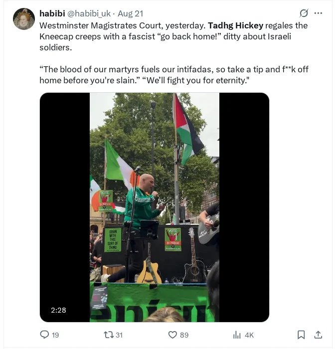 Tadhg Hickey addressing supporters in London, adopting an old IRA song for use against Isreal and supporting the 
