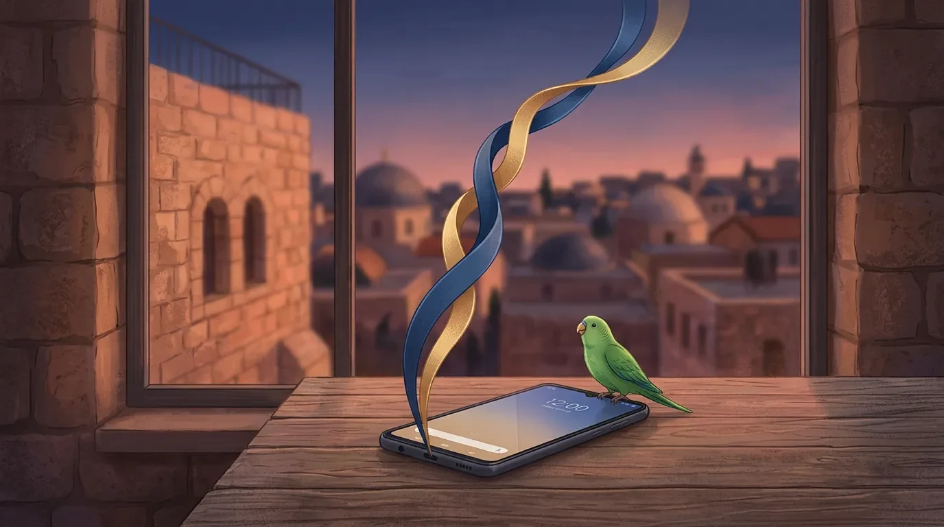 A phone on a Jerusalem windowsill with two braided ribbons of sound and a parakeet