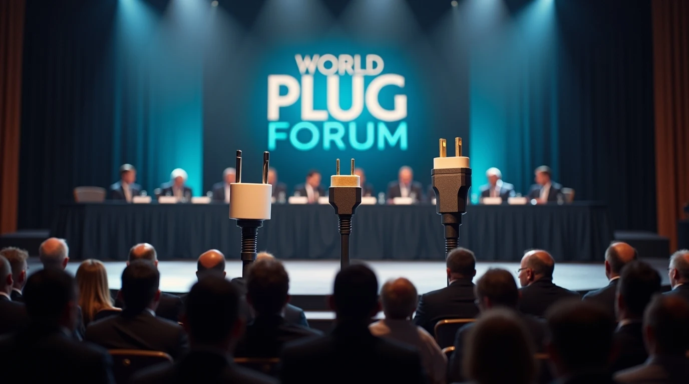 Food for thought: vast amounts of plastic waste could be eliminated if humanity agreed to standardisation on non-contentious issues, like plug types (we think). Generation: World Plug Forum as imagined by Leonardo.ai and Flux DEV.