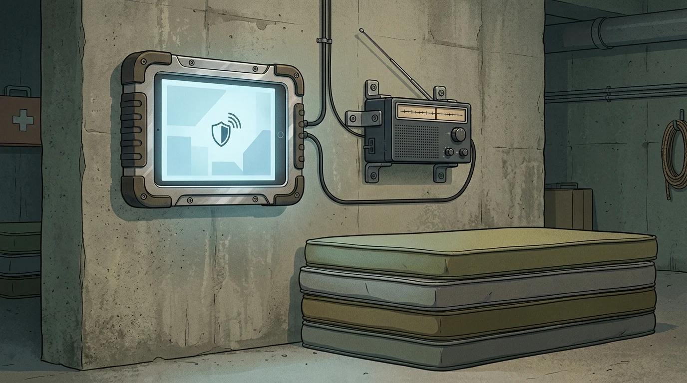 Illustration: wall-mounted alert tablet and FM radio in a public shelter