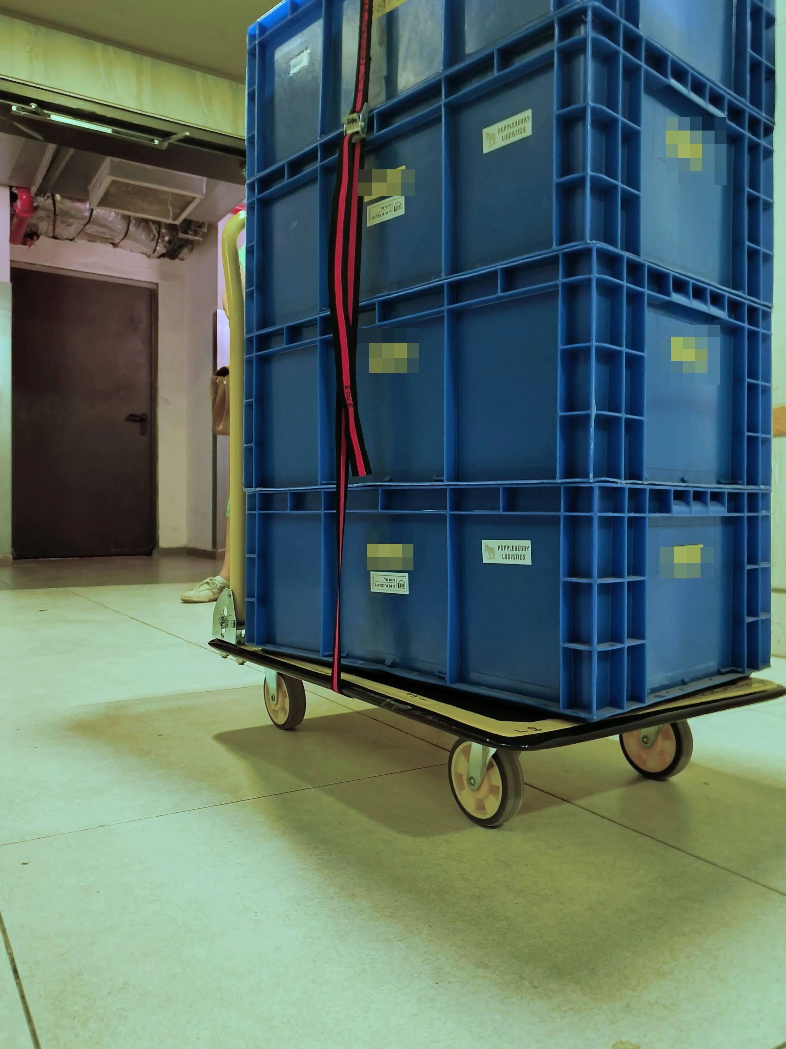 A strapped stack on a platform trolley — one pull instead of a dozen trips.