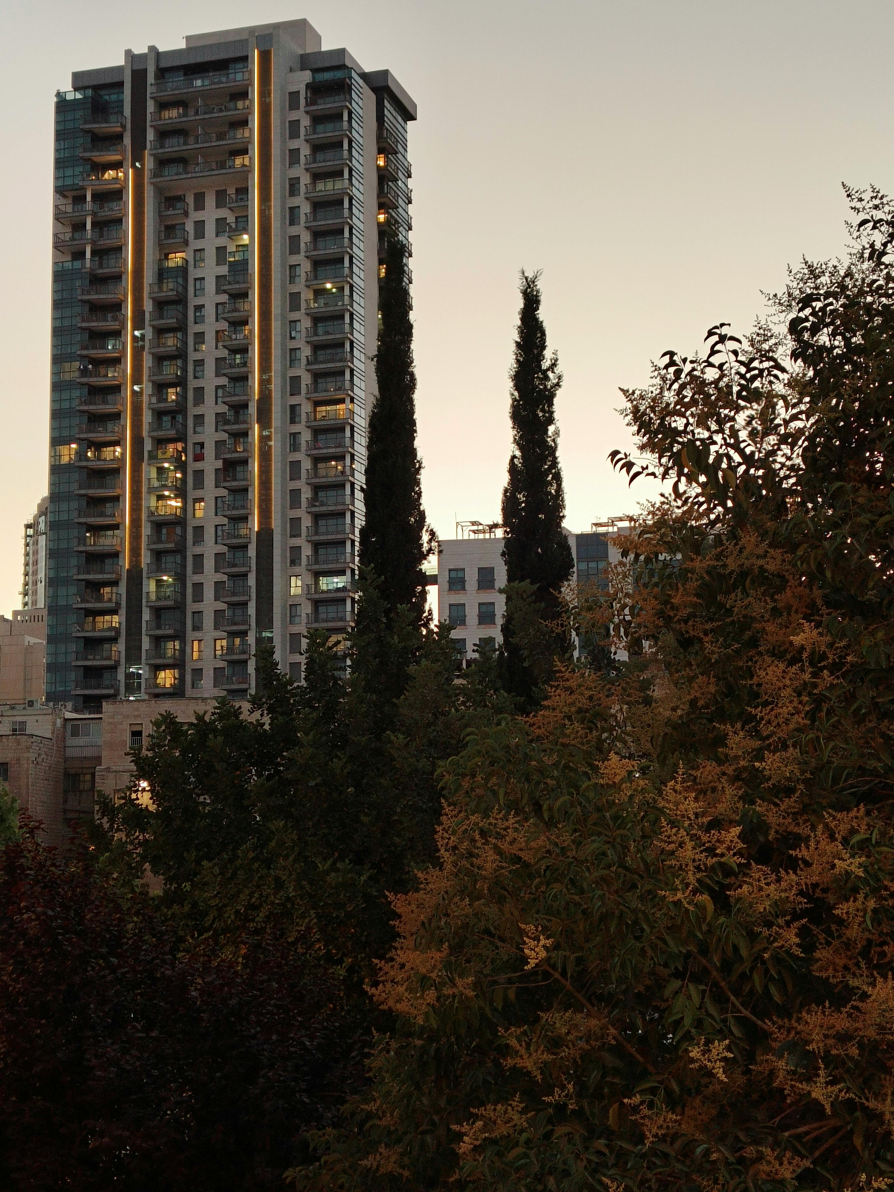 A high rise development on Hillel Street seen at dusk. Photo: author.