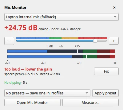 Mic Monitor tray pop-up in KDE Plasma: device, gain slider, live meter and presets