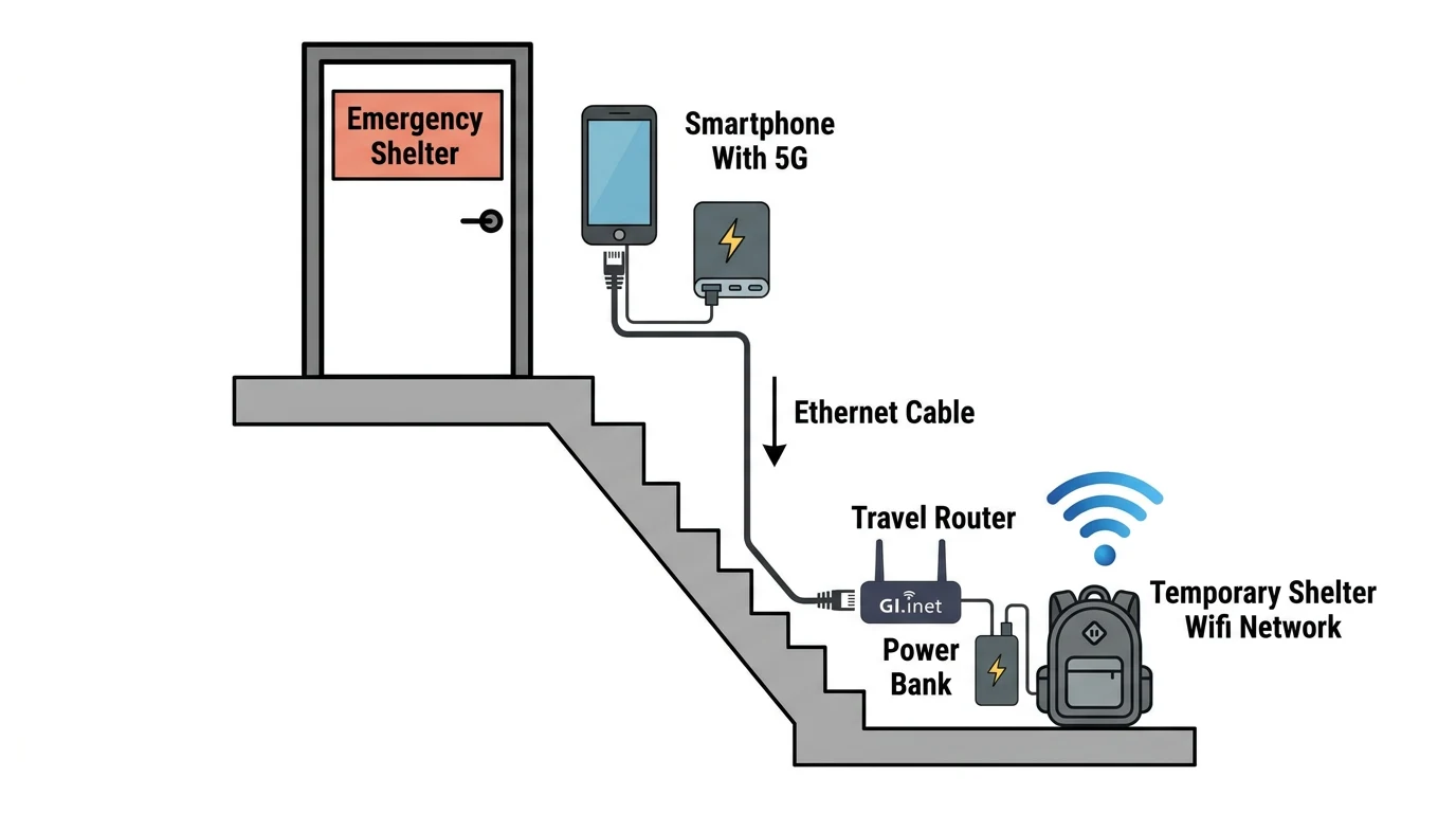 Architecture diagram showing the basic setup: smartphone with 5G at top of stairs, ethernet cable down stairwell, travel router broadcasting Wi-Fi in shelter