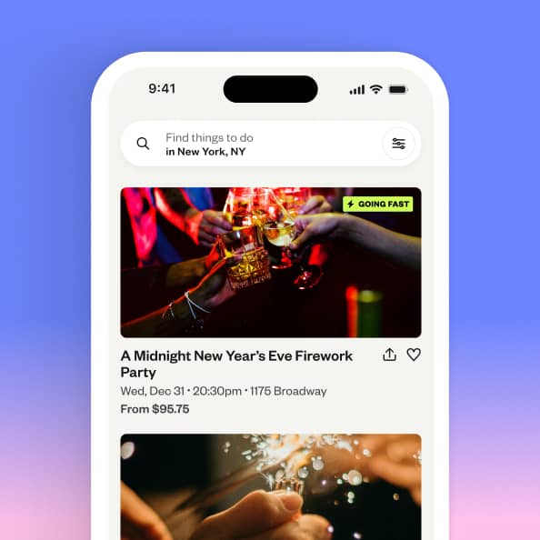 Phone device showing Eventbrite App with a NYE Event