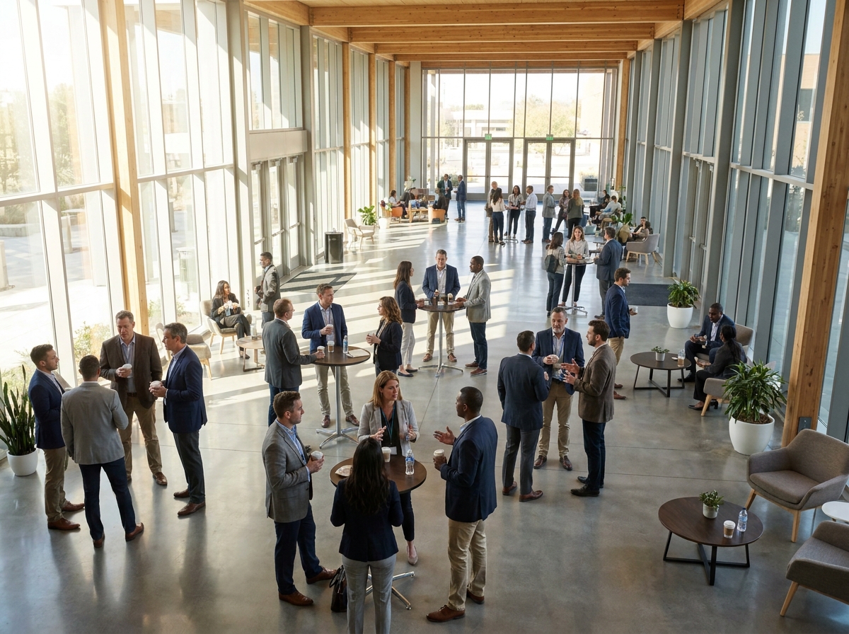 Attendees networking in a bright hall during a tech conference.