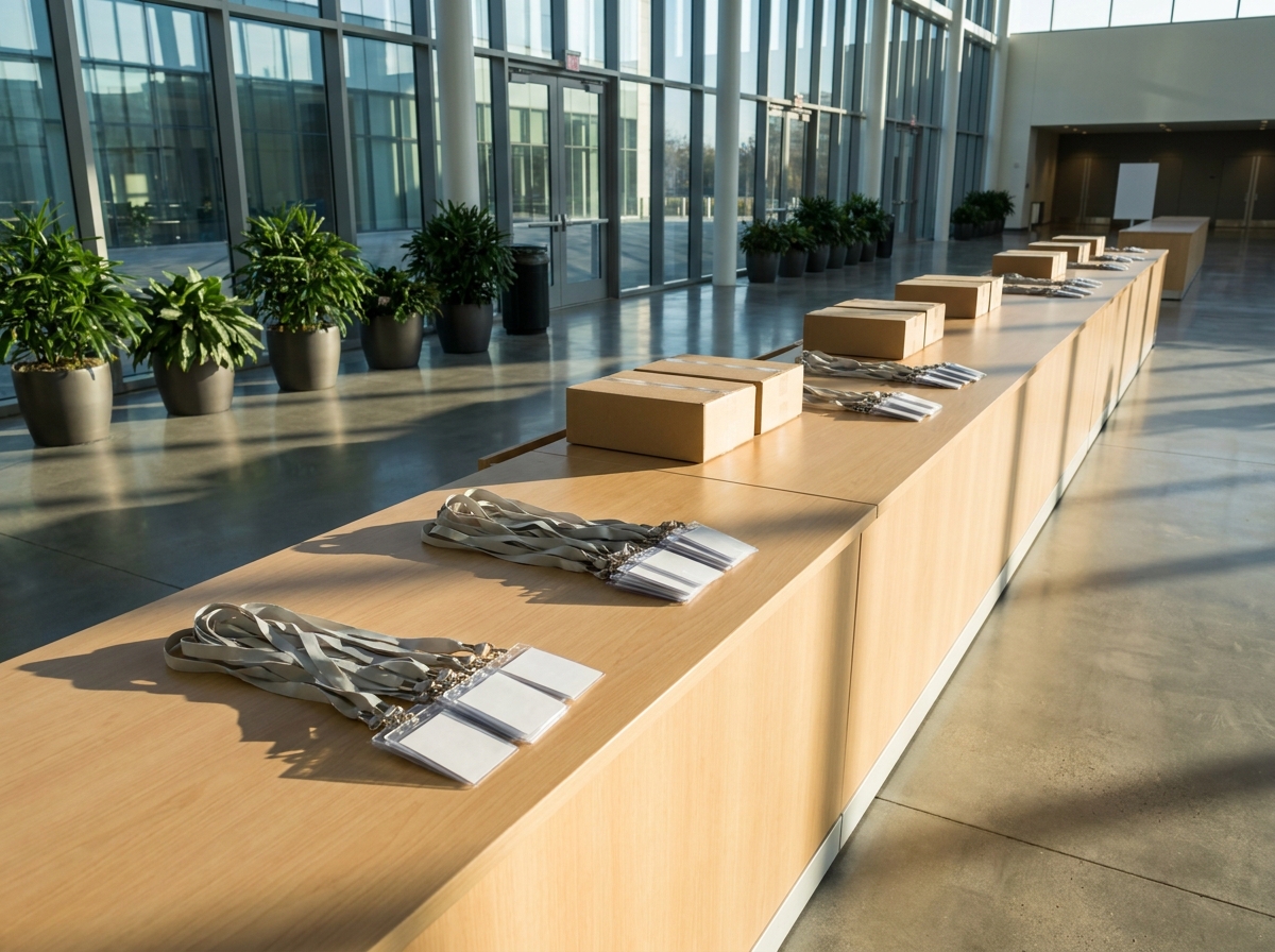 An empty registration area at a tech event, ready for check-in.