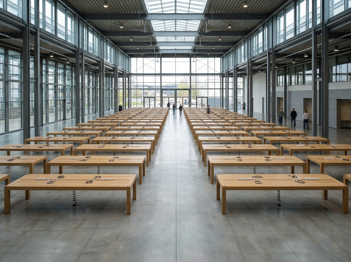 A large venue space prepared for a multi-day hackathon or AI expo.