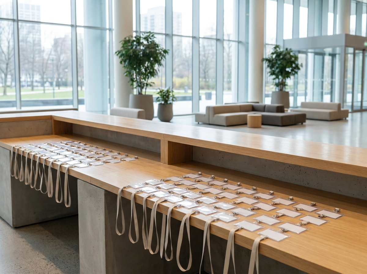 A registration desk prepared for attendee check-in at an association conference.