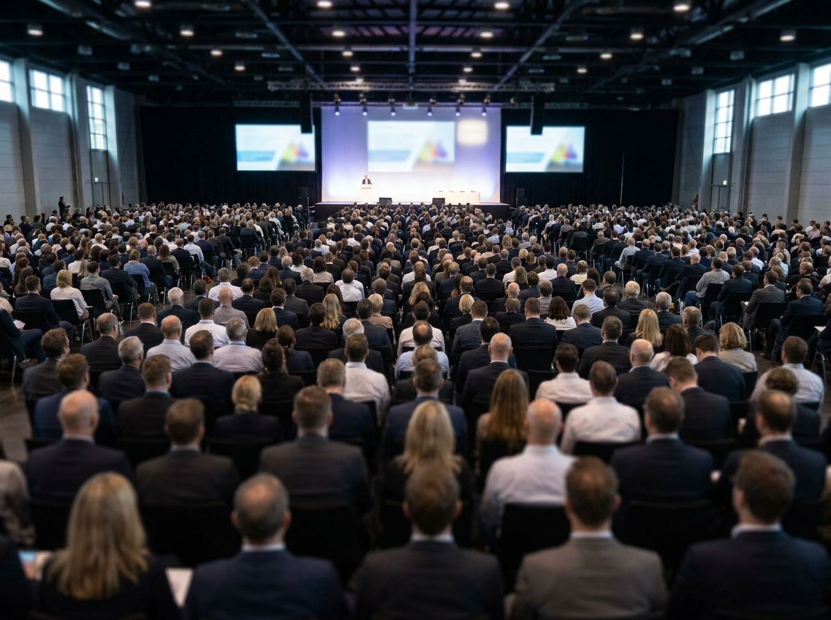 A large audience attending a keynote presentation at an association conference.