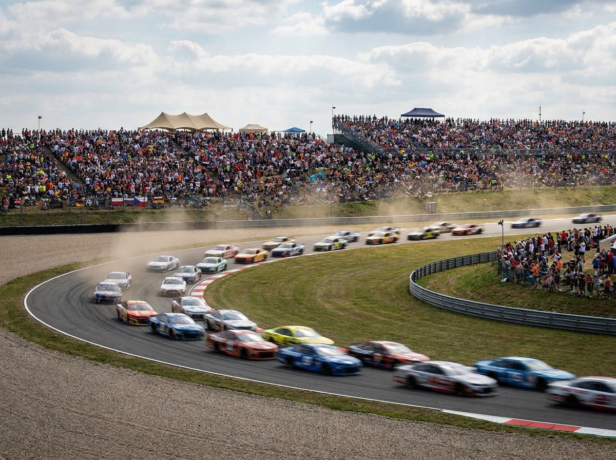 A motorsport event with race cars on the track and spectators in the stands.